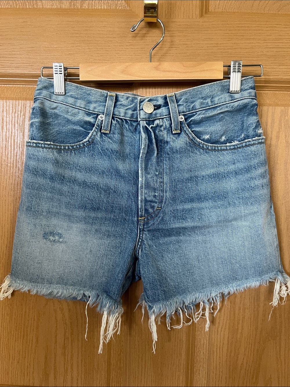 NWT AMO Light Blue Distressed Frayed Hem Denim Shorts MSRP $232